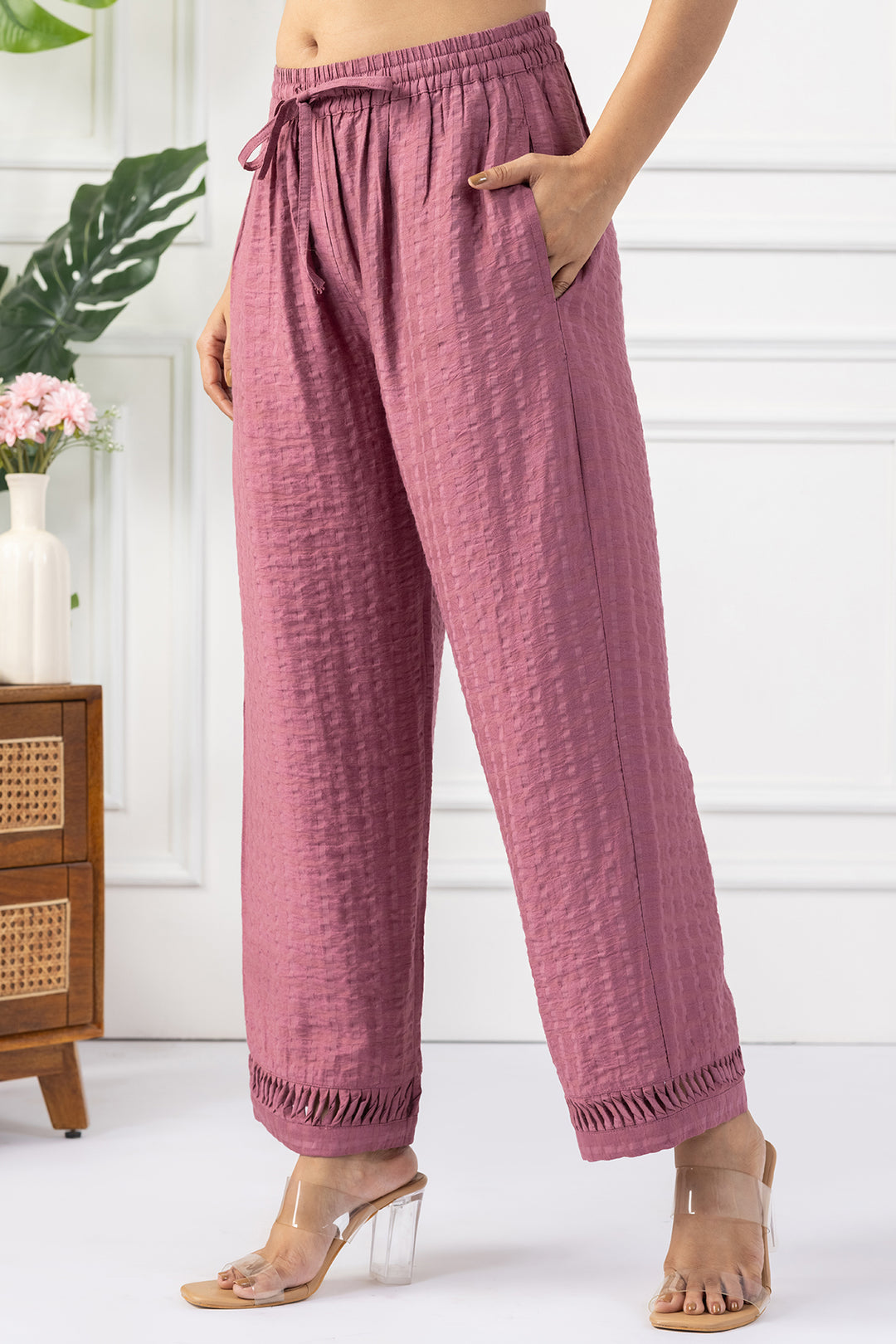 Onion Pink Viscose Dobby V Neck Kurta Set
