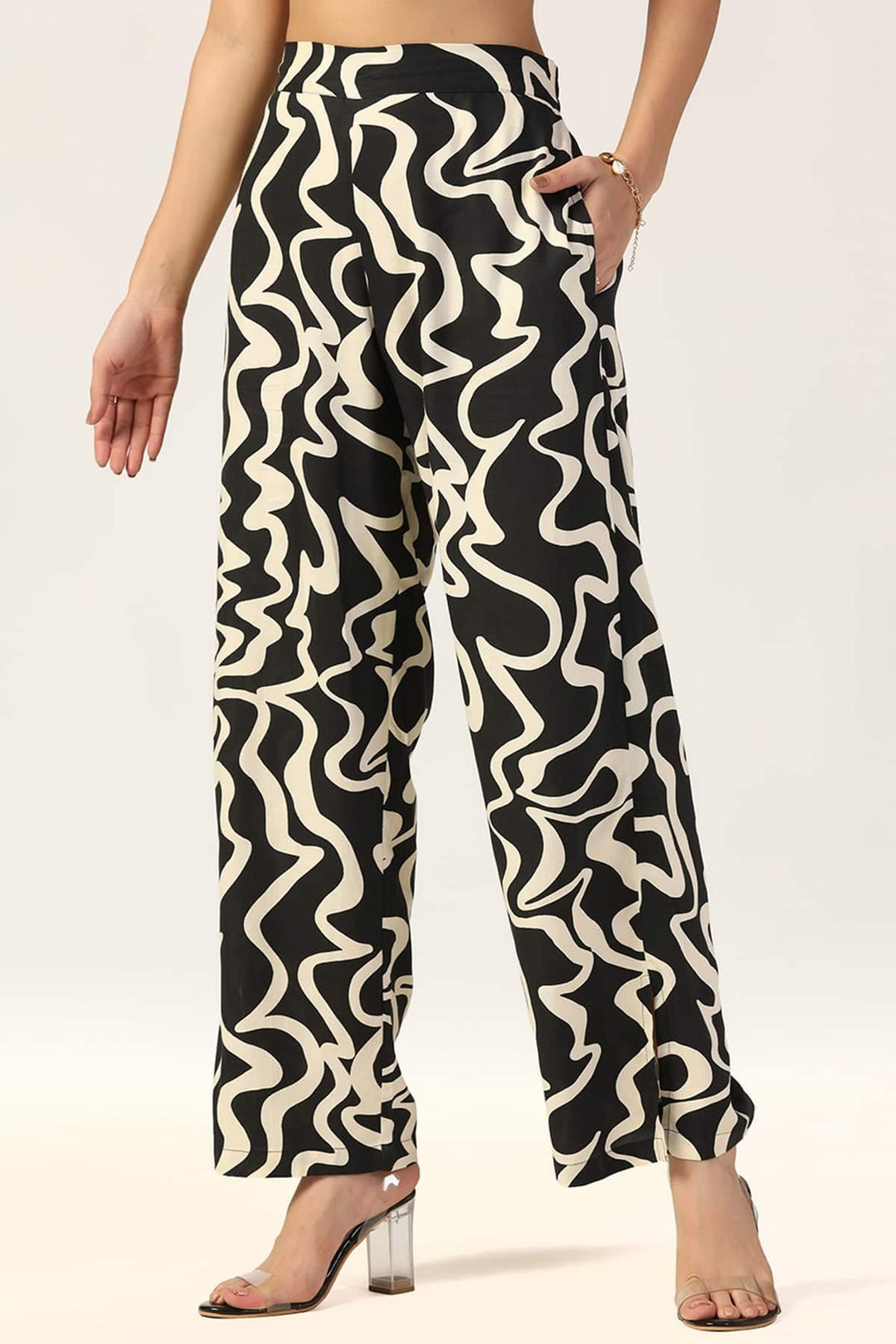 Printed Beige and Black Co Ord Pants
