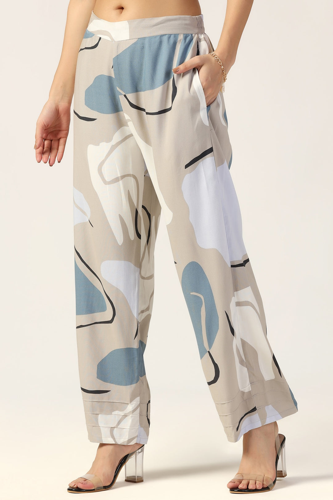 Grey Printed Rayon Co-ord Pants