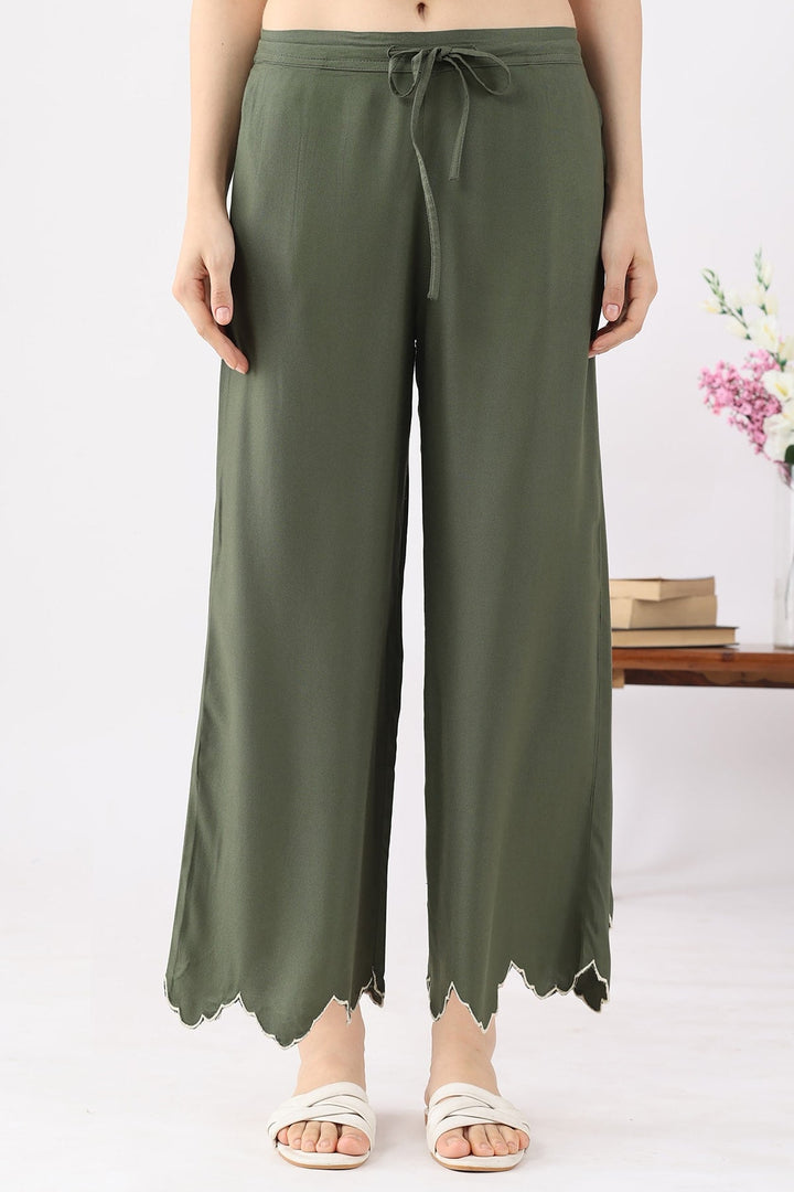 Olive Green Embroidered Co Ord Pant