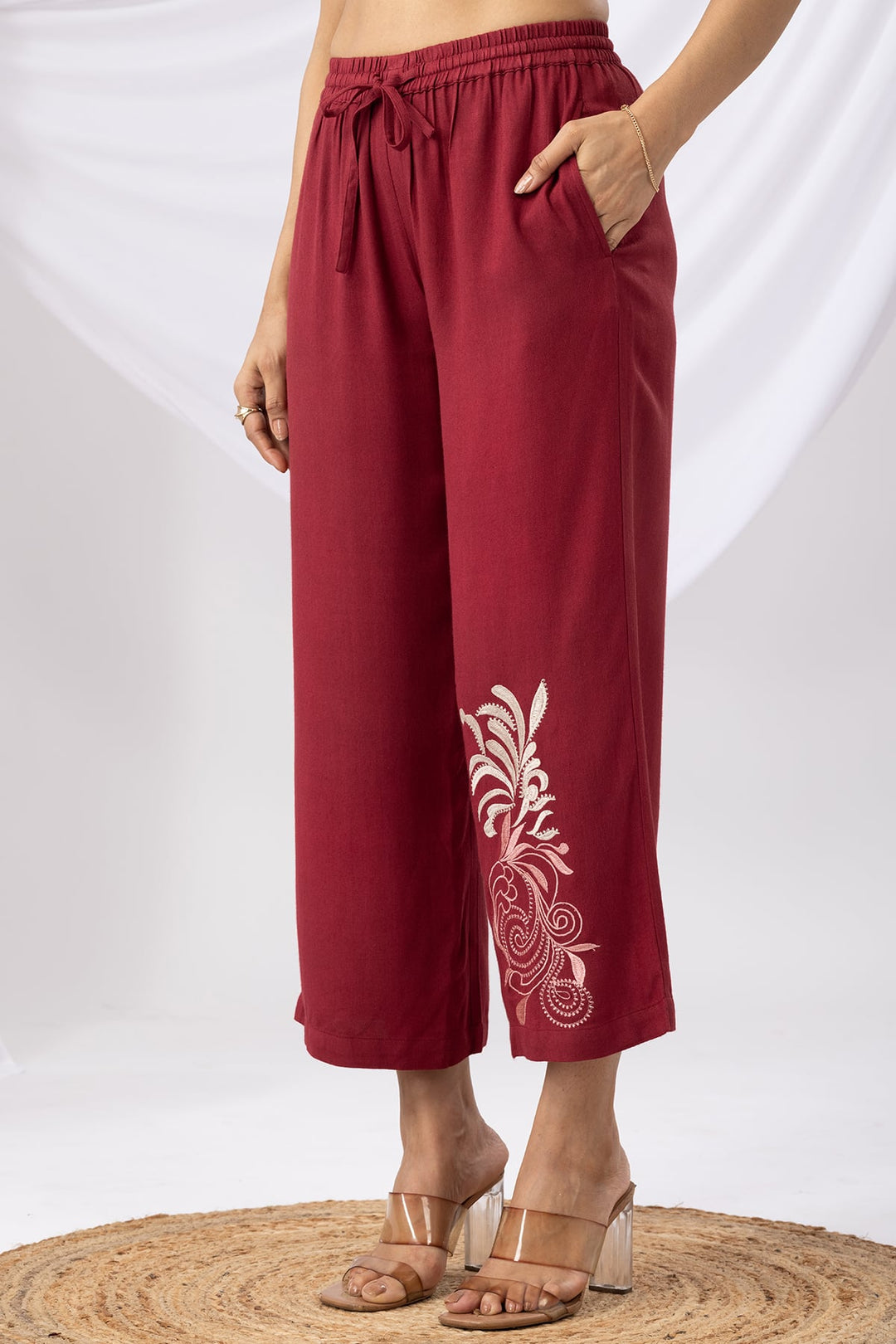 Maroon Embroidered Co-ord Palazzo