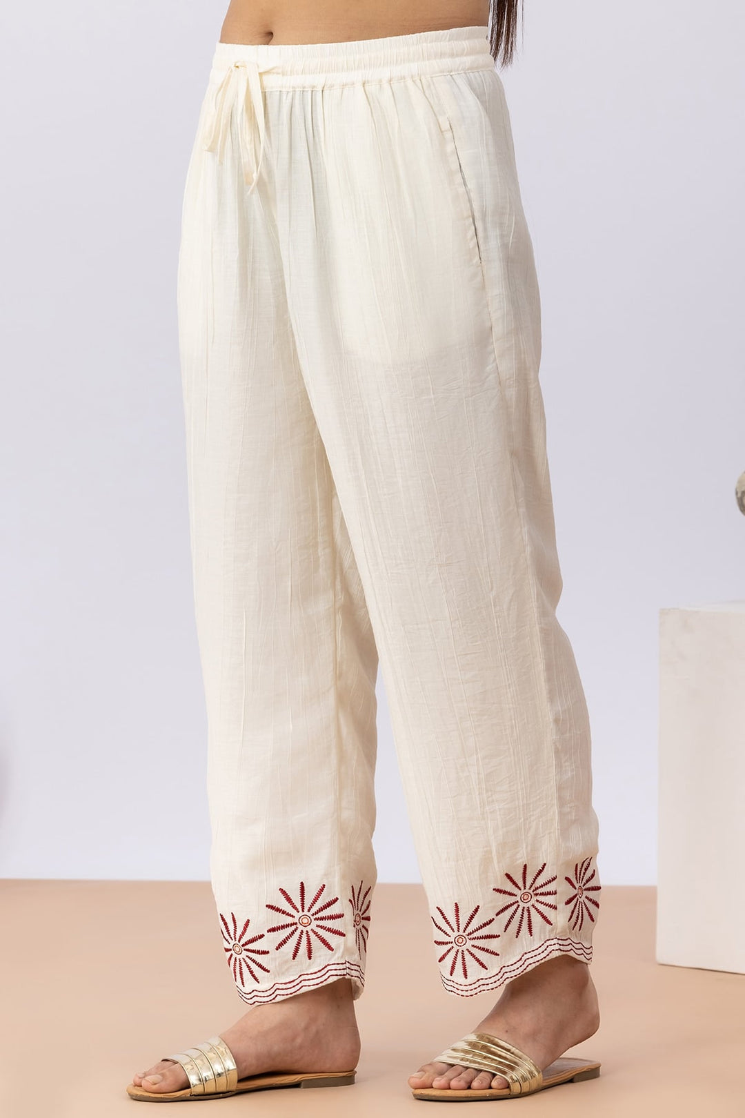 Embroidered Off White Viscose Co-Ord Palazzo Regular Fit
