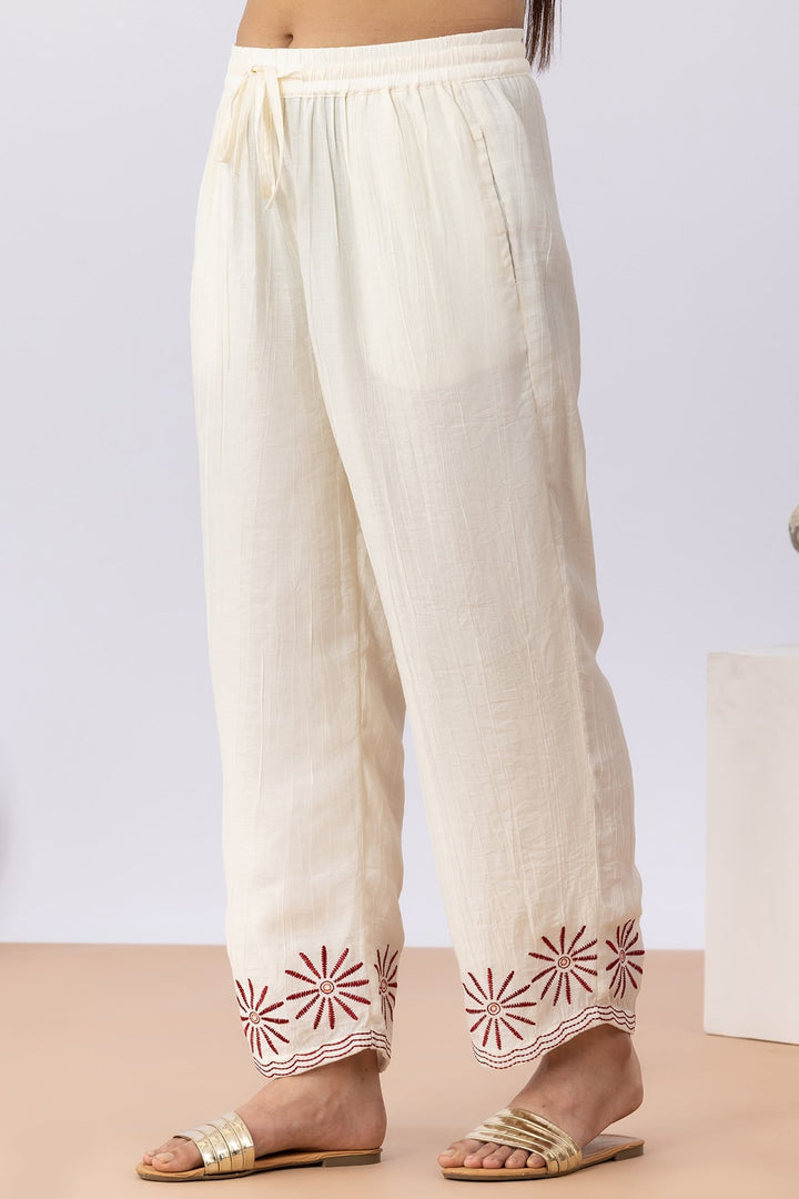 Embroidered Off White Viscose Co-Ord Palazzo Regular Fit