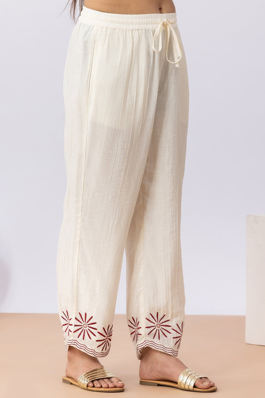 Embroidered Off White Viscose Co-Ord Palazzo Regular Fit