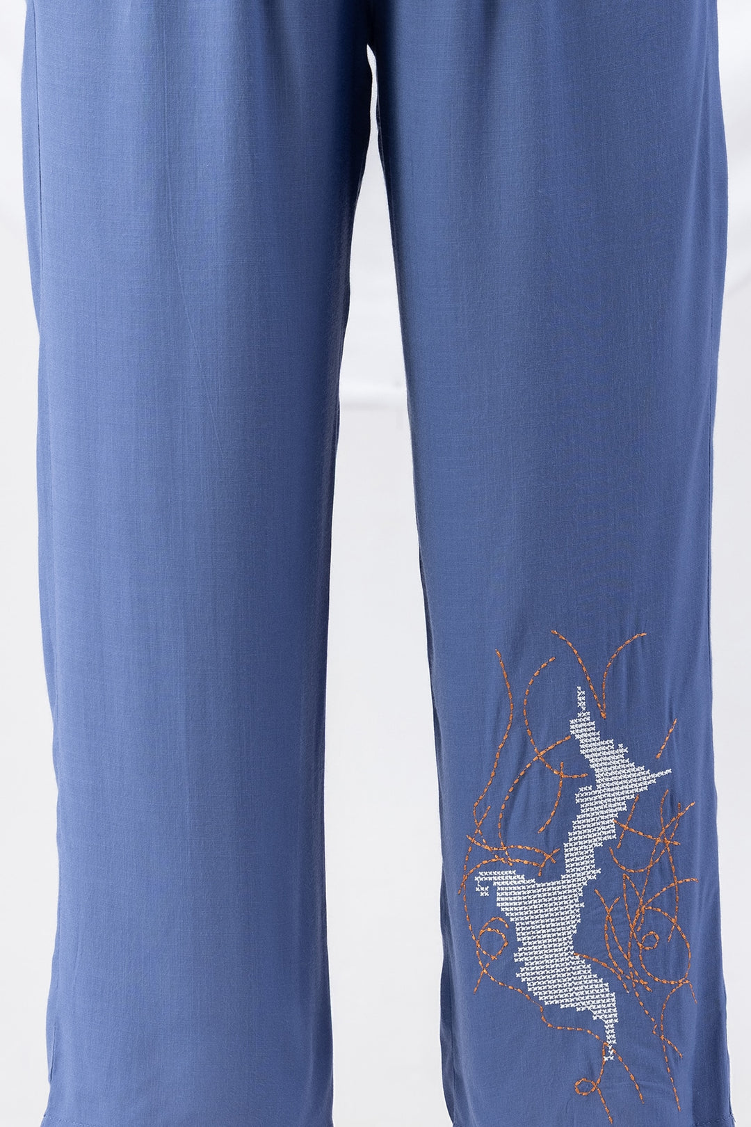 Blue Embroidered Viscose Slub Co-ord Palazzo