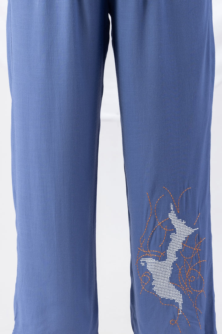 Blue Embroidered Viscose Slub Co-ord Palazzo