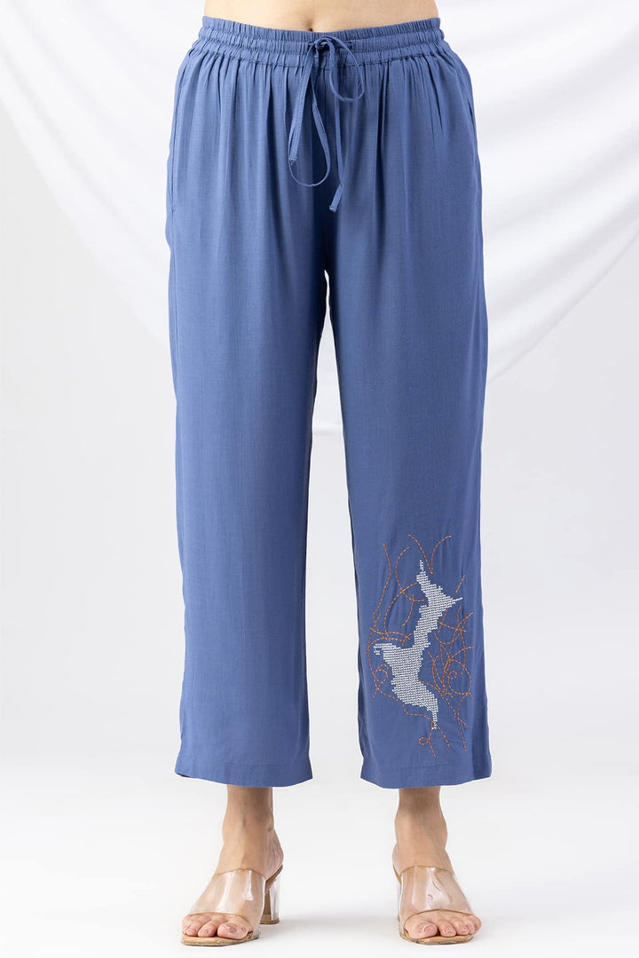 Blue Embroidered Viscose Slub Co-ord Palazzo