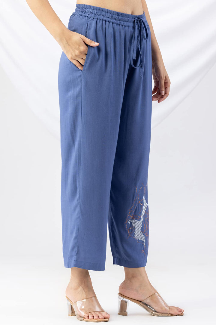 Blue Embroidered Viscose Slub Co-ord Palazzo