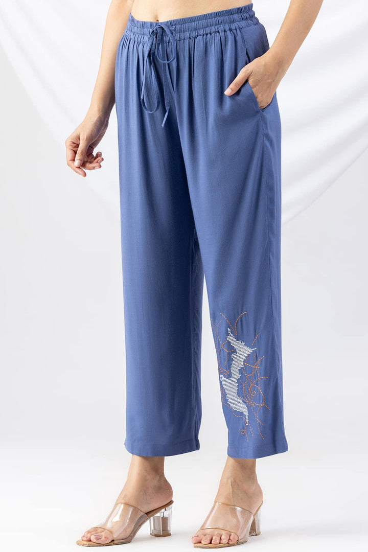 Blue Embroidered Viscose Slub Co-ord Palazzo