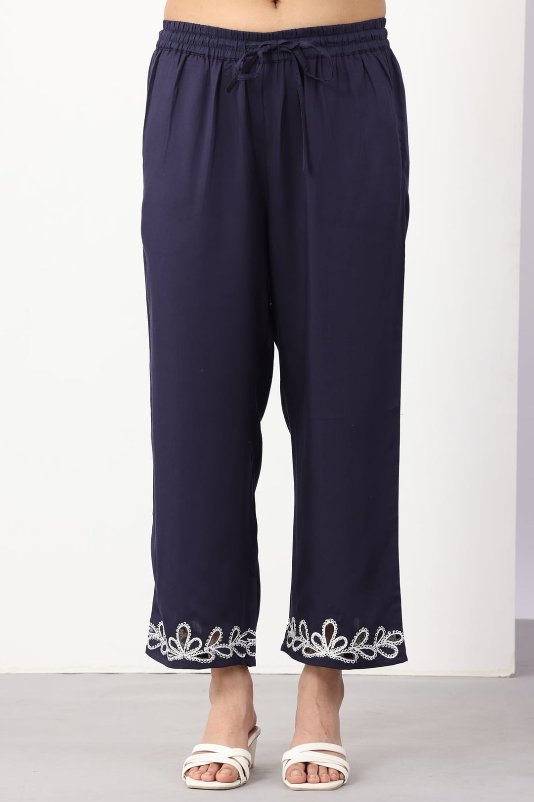 co ord set for women navy embroidered tencel twill