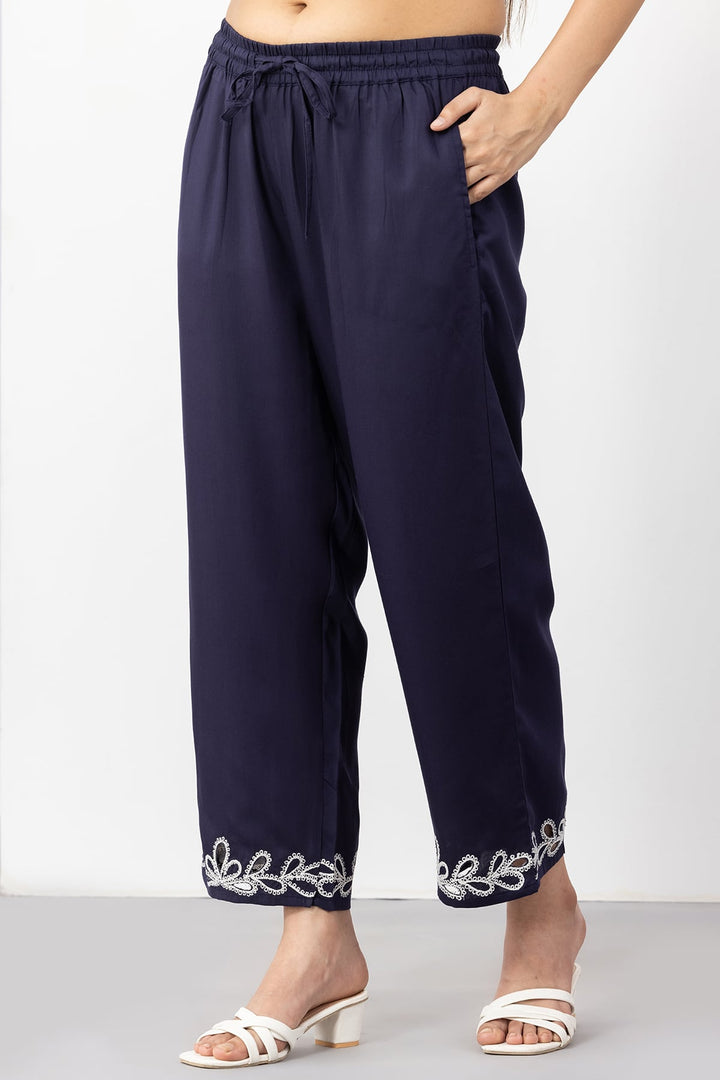 co ord set for women navy embroidered tencel twill