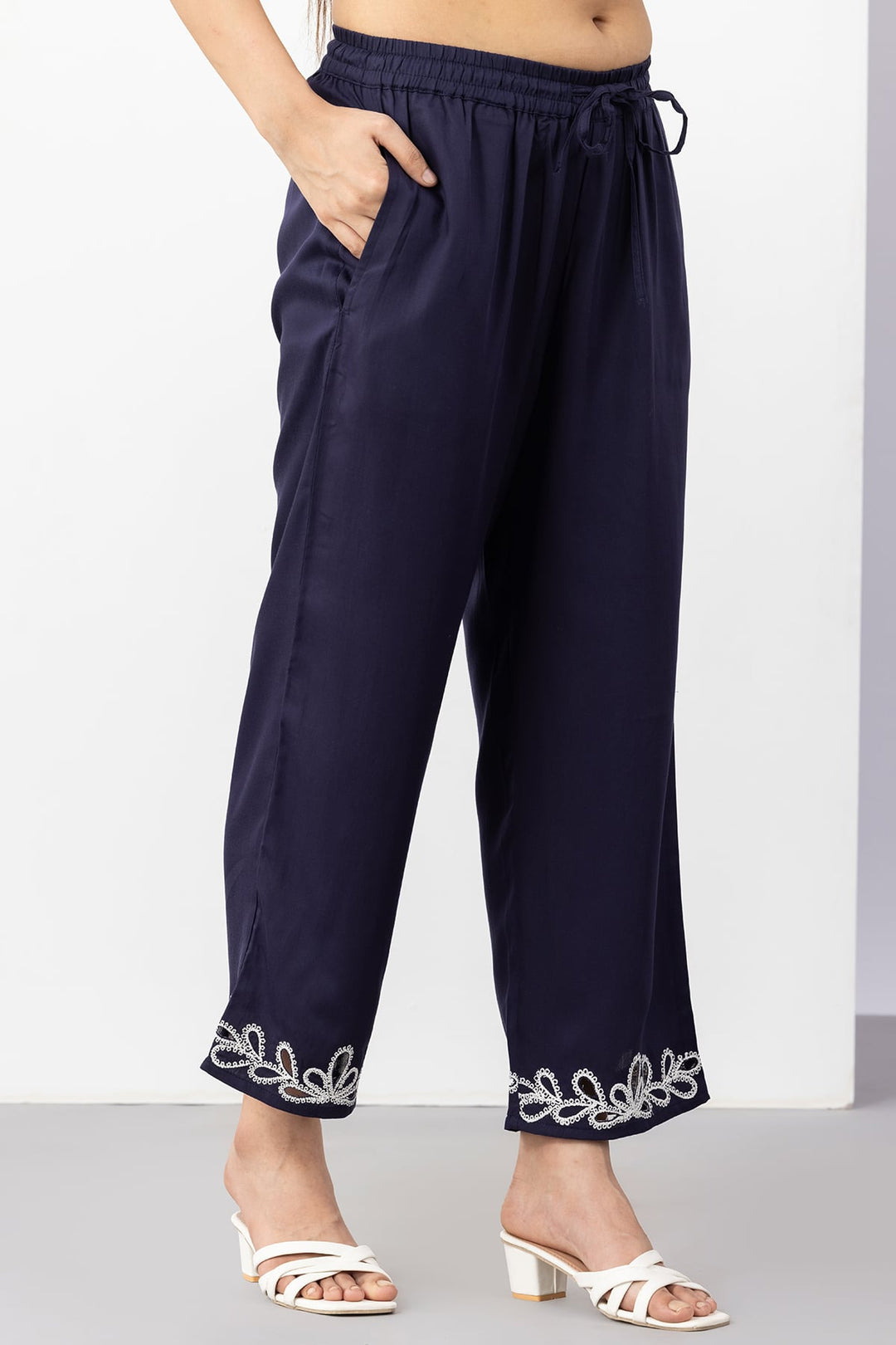 co ord set for women navy embroidered tencel twill