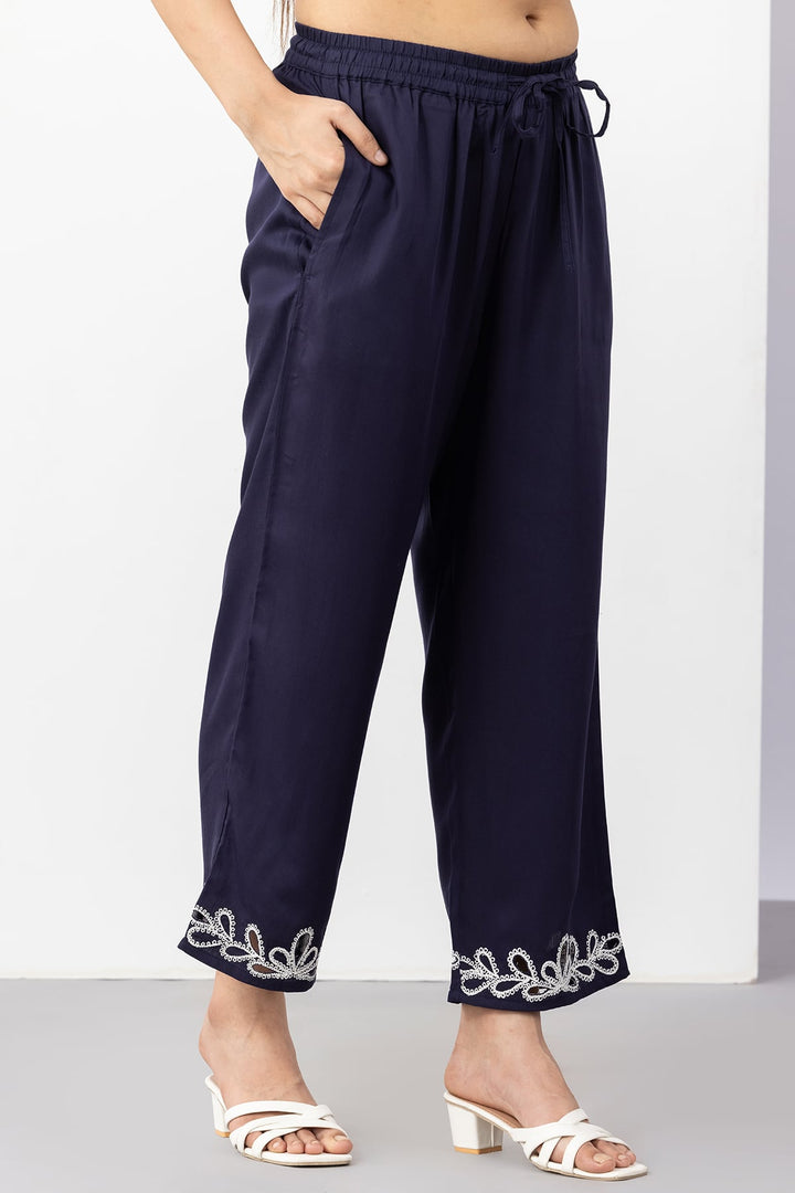 co ord set for women navy embroidered tencel twill