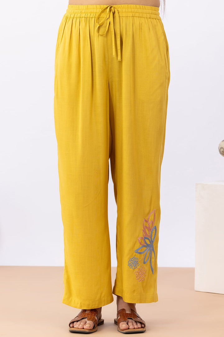 cotton co ord set for women mustard embroidered