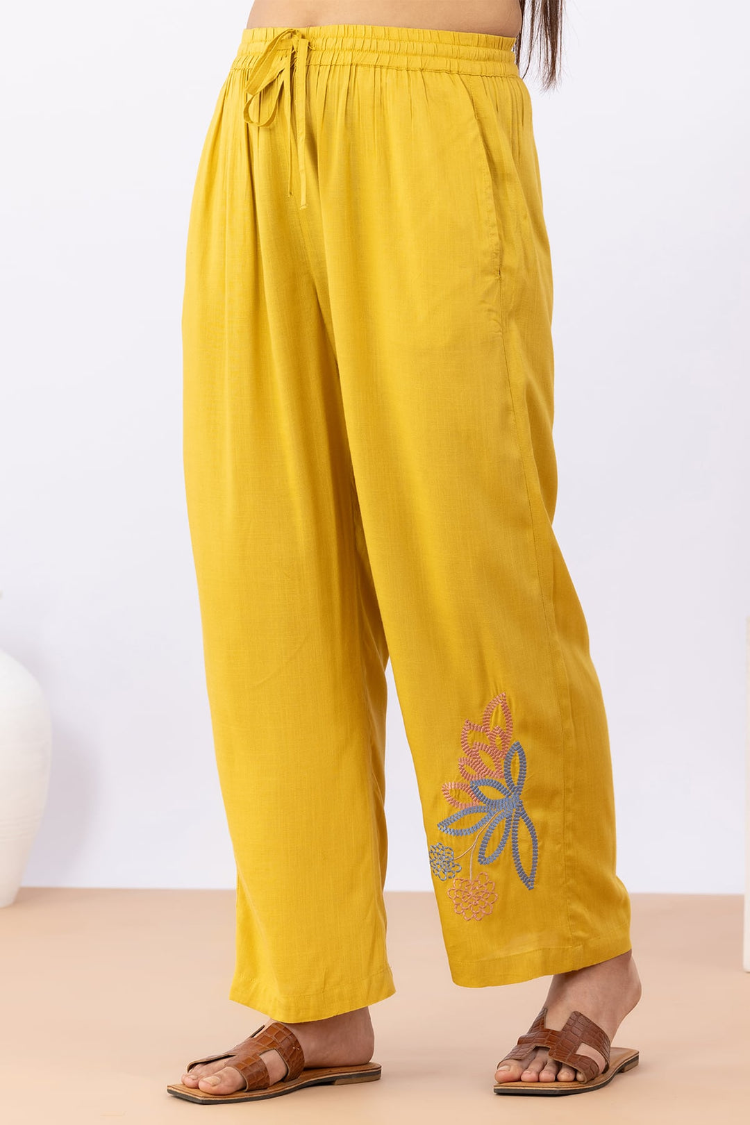 cotton co ord set for women mustard embroidered