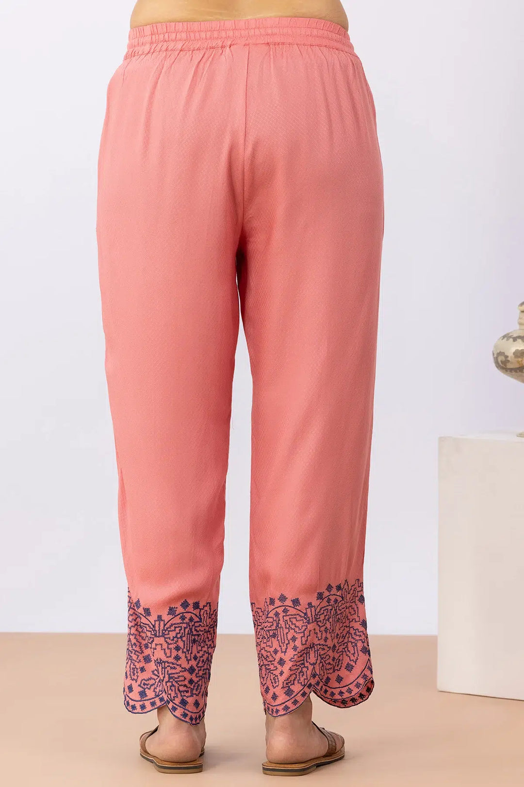 Pink embroidered matching set for women with regular fit pants