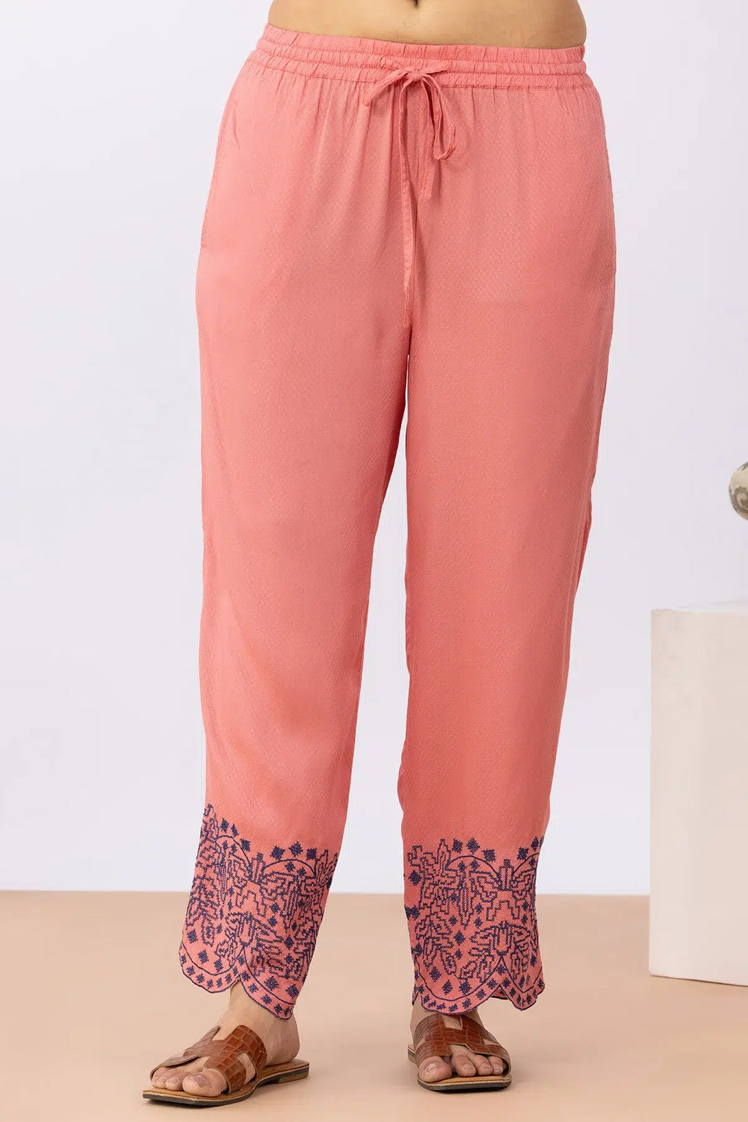 Pink embroidered matching set for women with regular fit pants