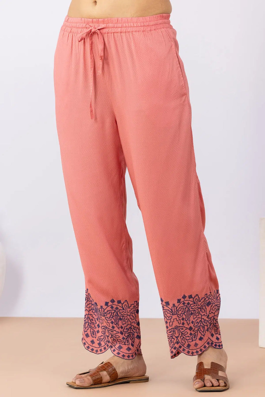 Pink embroidered matching set for women with regular fit pants