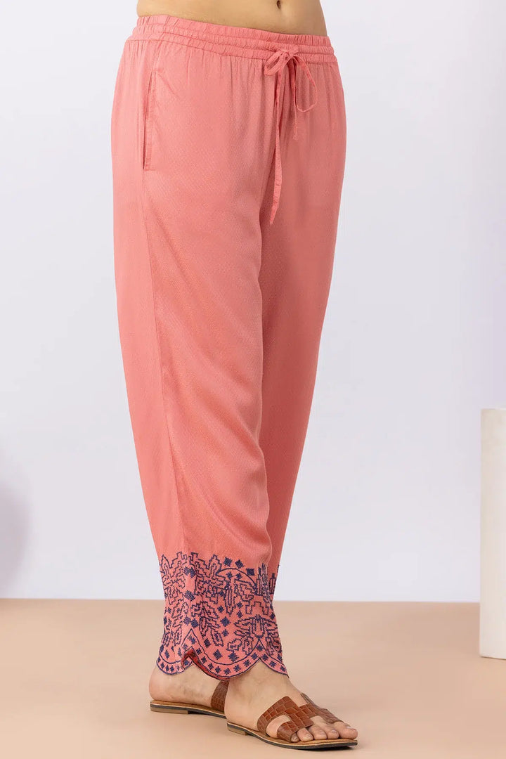 Pink embroidered matching set for women with regular fit pants