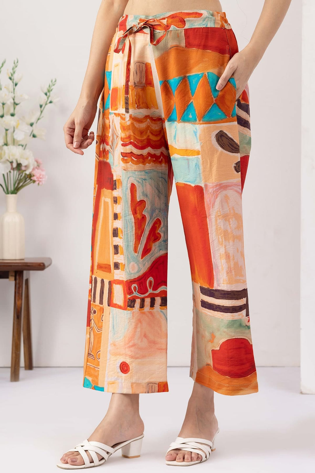 printed co ord set for women multicolour viscose collared neck 3/4 sleeves