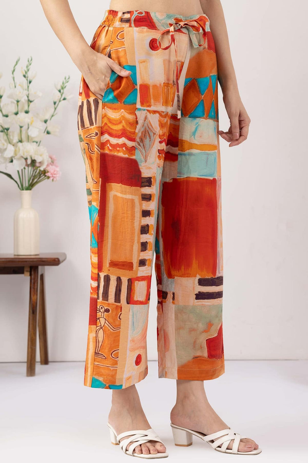 printed co ord set for women multicolour viscose collared neck 3/4 sleeves