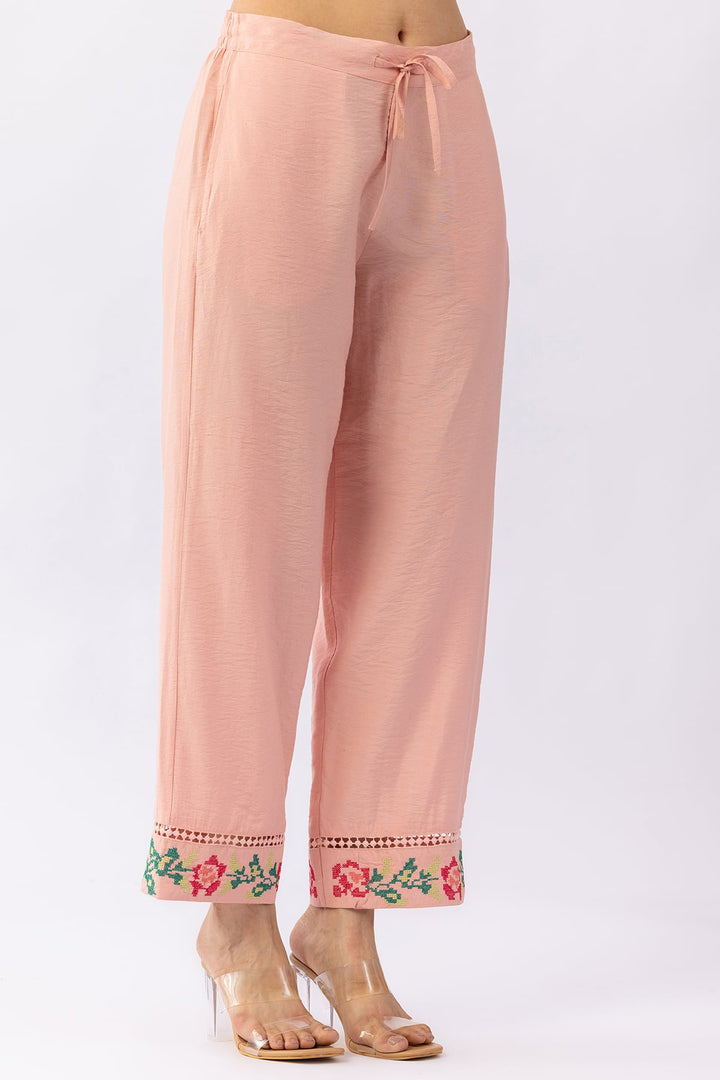 Peach embroidered matching set for women with regular fit pants