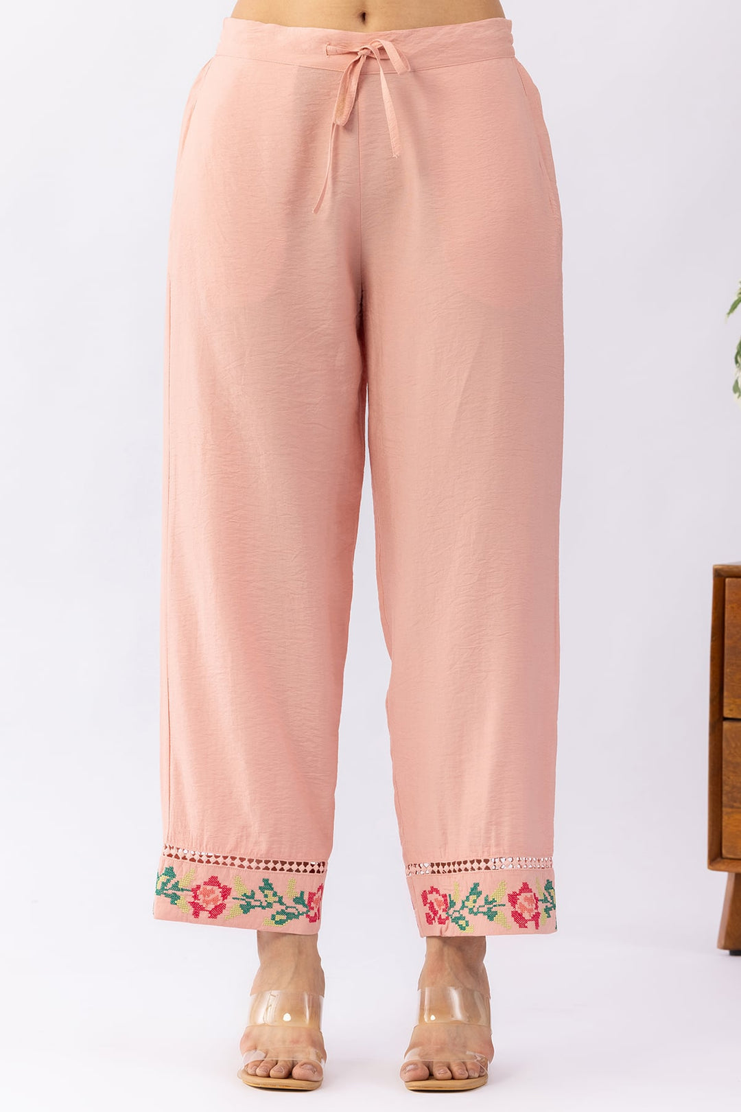 Peach embroidered matching set for women with regular fit pants