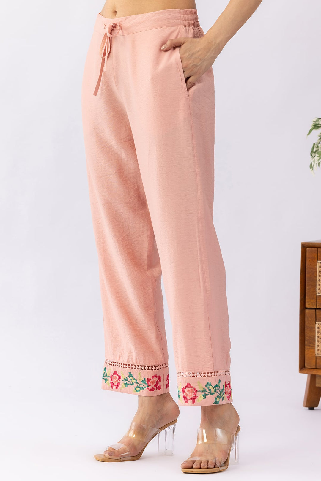 Peach embroidered matching set for women with regular fit pants