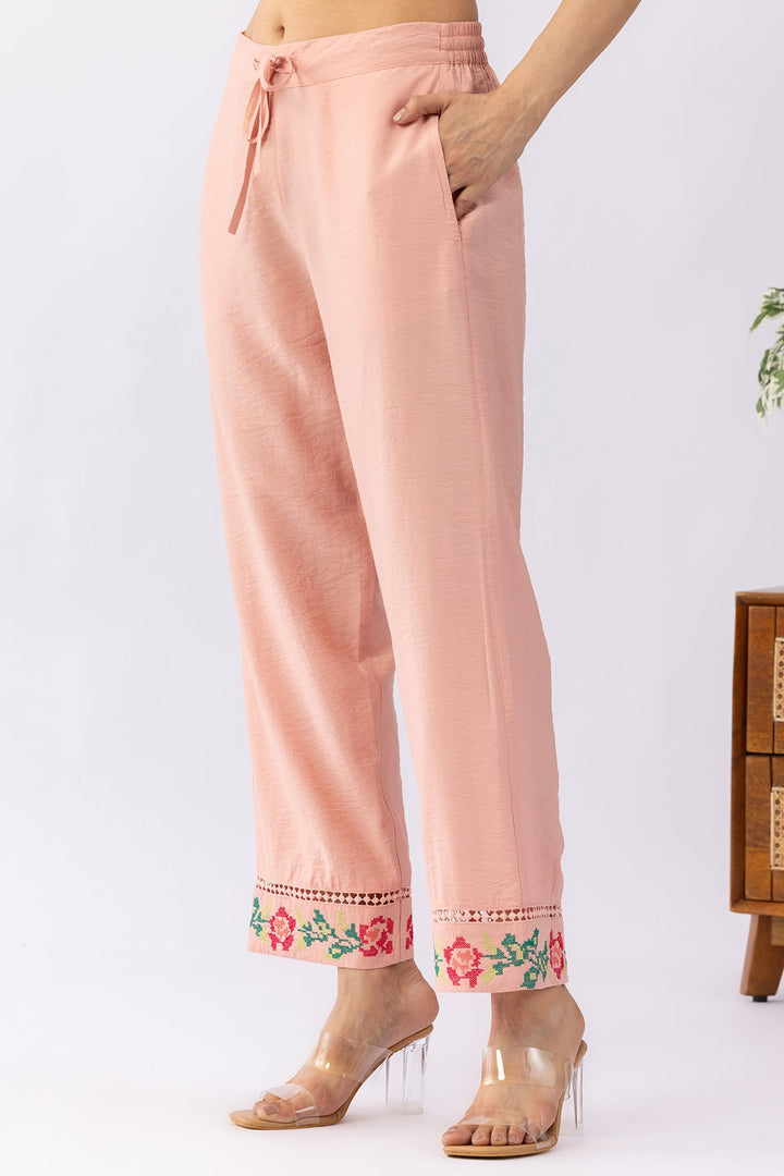 Peach embroidered matching set for women with regular fit pants