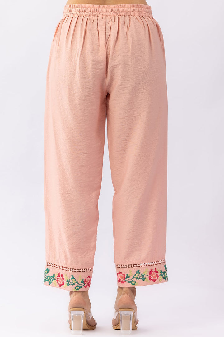 Peach embroidered matching set for women with regular fit pants