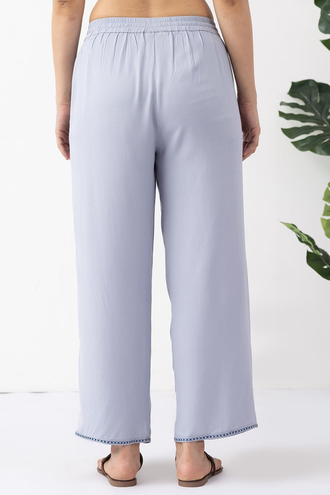 co ord pants for women sky blue Tencel twill embroidered regular fit