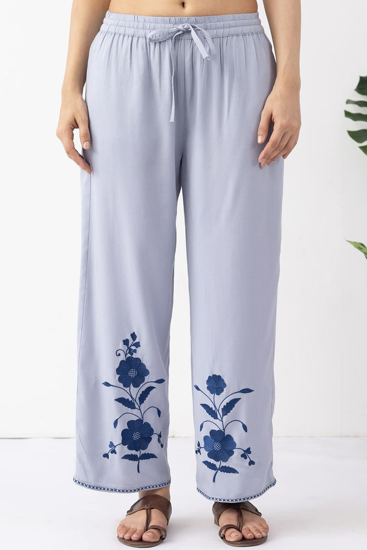 co ord pants for women sky blue Tencel twill embroidered regular fit