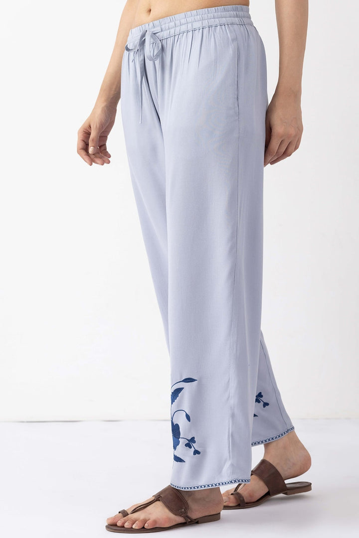 co ord pants for women sky blue Tencel twill embroidered regular fit