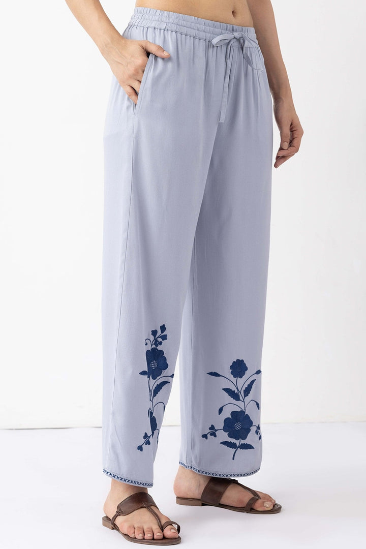 co ord pants for women sky blue Tencel twill embroidered regular fit