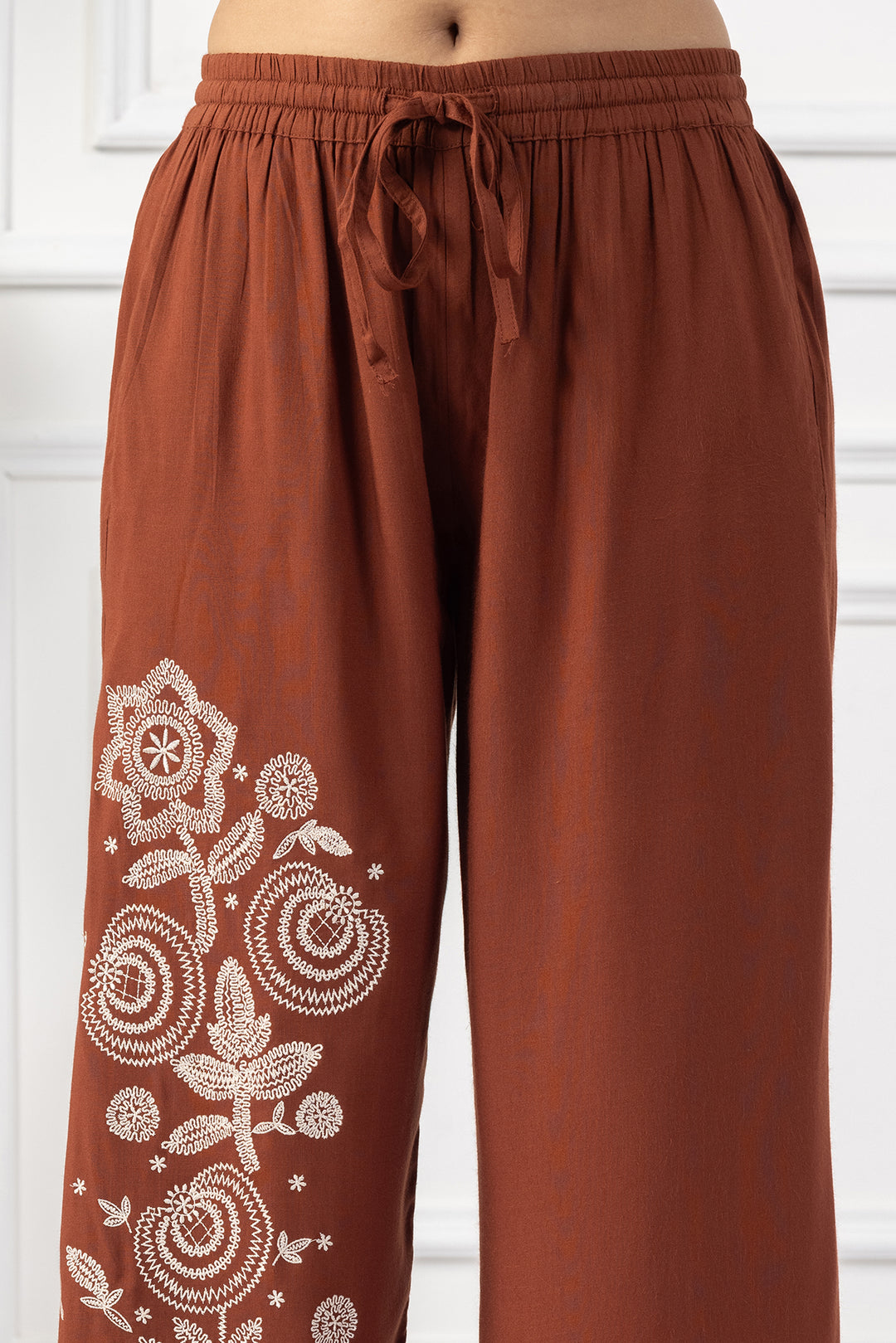 Brown Viscose Slub Embroidered Co Ord Set