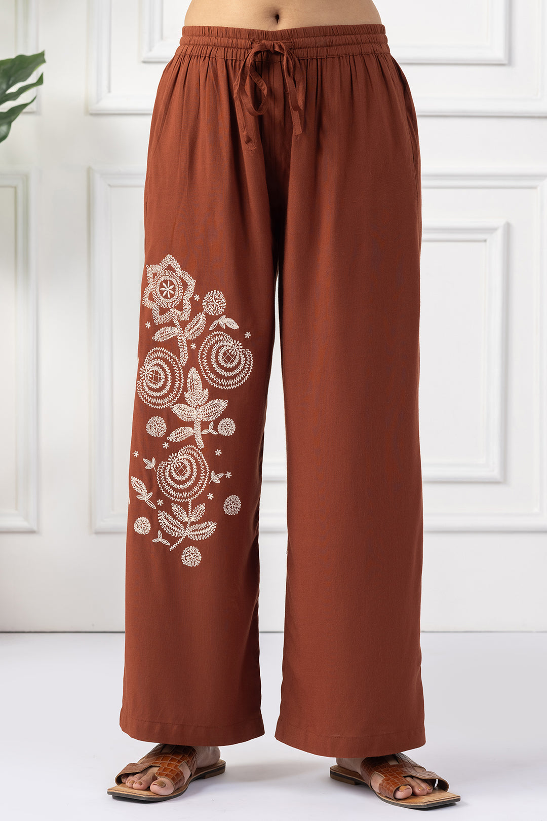 Brown Viscose Slub Embroidered Co Ord Set