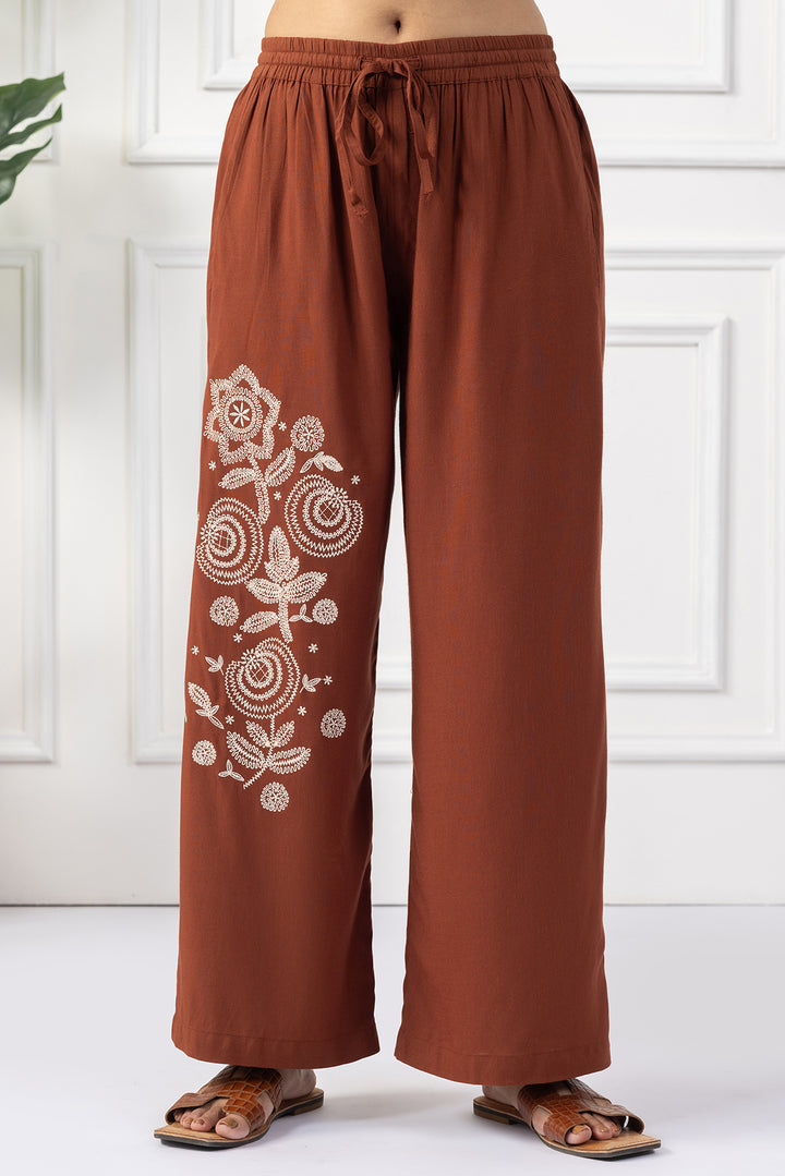 Brown Viscose Slub Embroidered Co Ord Set