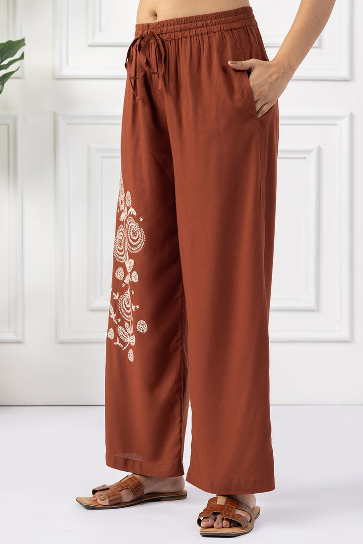 Brown Viscose Slub Embroidered Co Ord Set