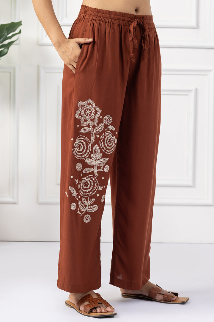 Brown Viscose Slub Embroidered Co Ord Set