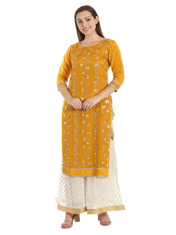 White &amp;amp; Gold Georgette Buta Ensemble Palazzo