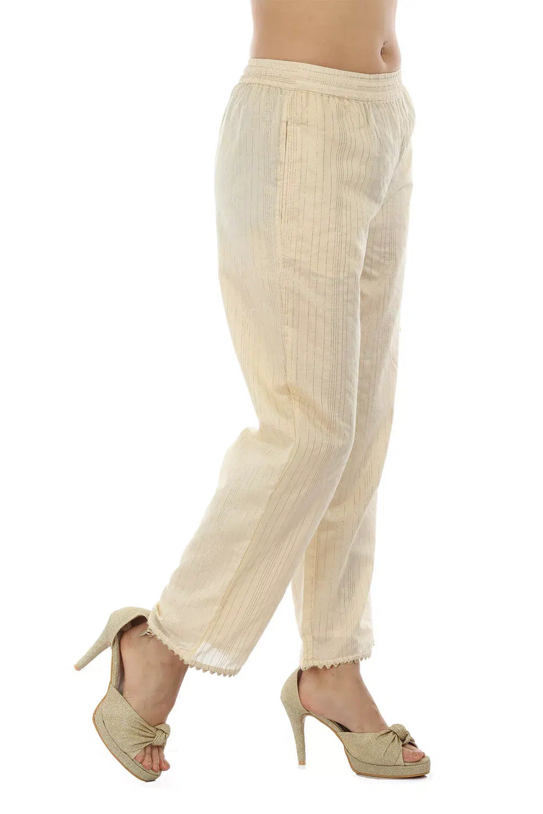 Beige Chanderi Silk Striped Ensemble Palazzo