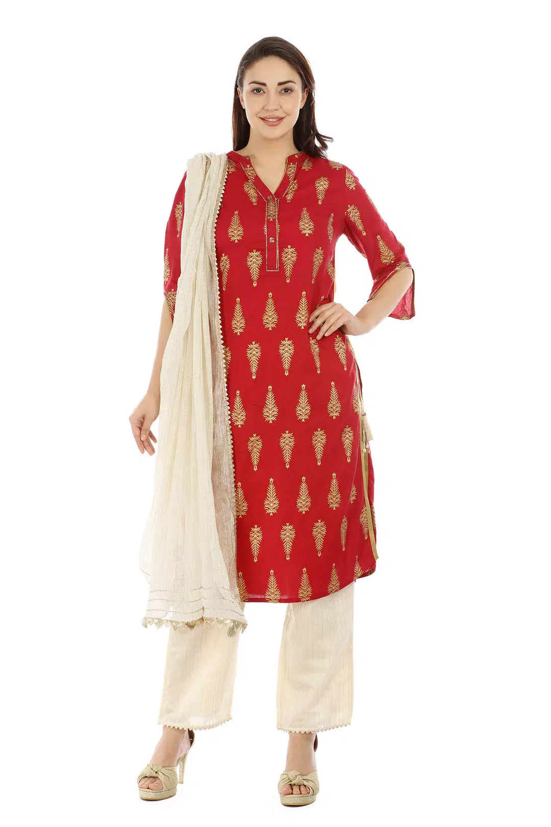 Beige Chanderi Silk Striped Ensemble Palazzo