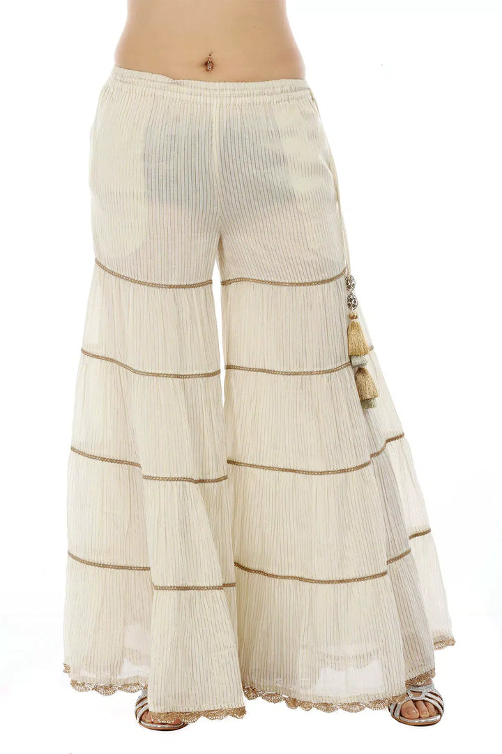 Off White &amp; Golden Striped Chanderi Ensemble Garara