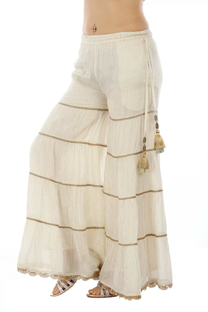 Off White &amp; Golden Striped Chanderi Ensemble Garara