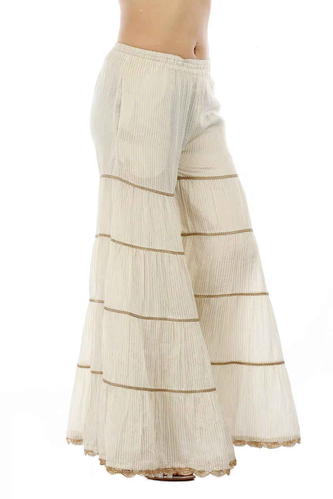 Off White &amp; Golden Striped Chanderi Ensemble Garara