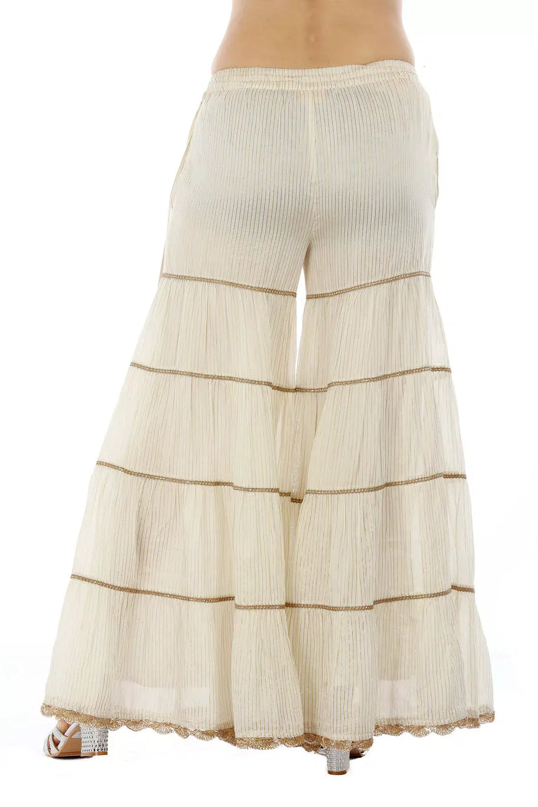 Off White &amp; Golden Striped Chanderi Ensemble Garara