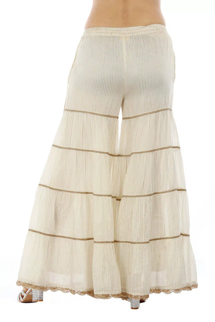 Off White &amp; Golden Striped Chanderi Ensemble Garara