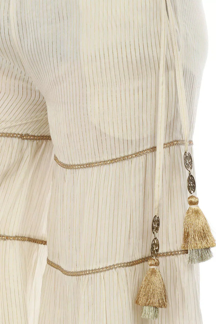 Off White &amp; Golden Striped Chanderi Ensemble Garara