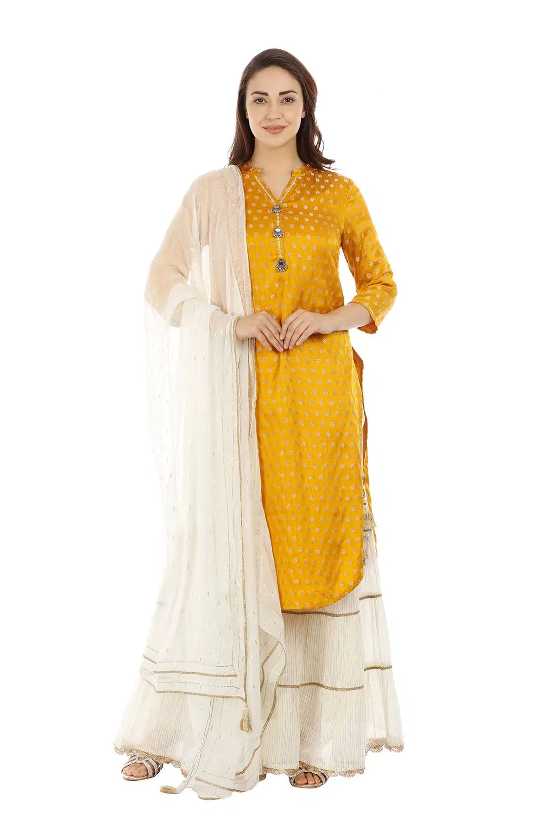 Off White &amp; Golden Striped Chanderi Ensemble Garara