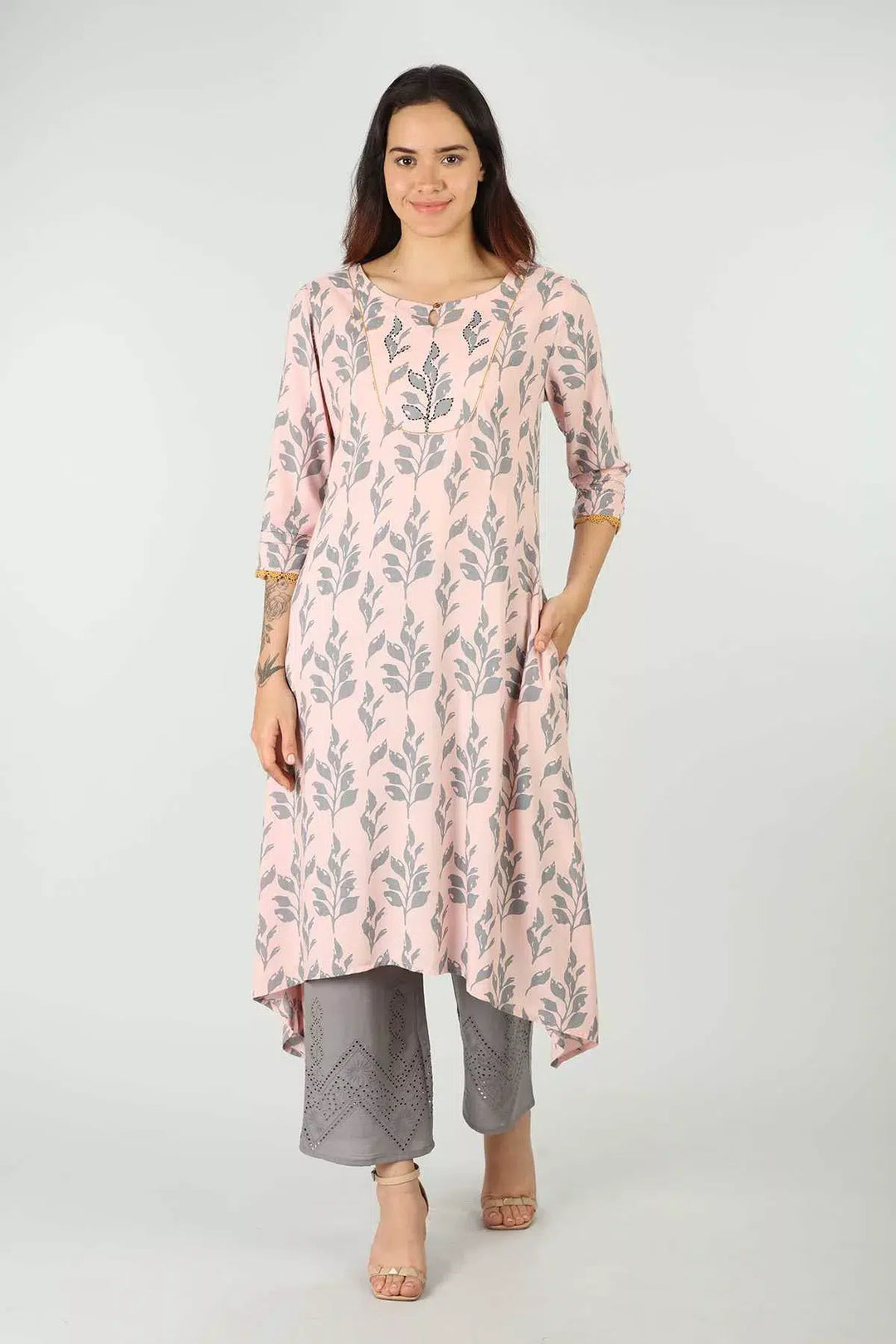 Grey Schiffli Embroidered Palazzo